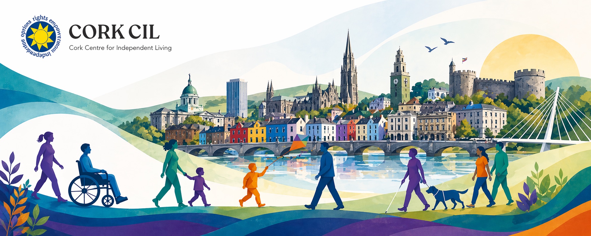 Illustration of diverse people, including wheelchair users and a guide-dog user, walking along the River Lee in Cork city